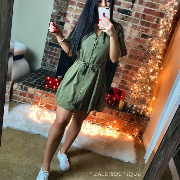 LAST 1 Olive Boho Peasant Button Down Skater Dress - Picture 7 of 8